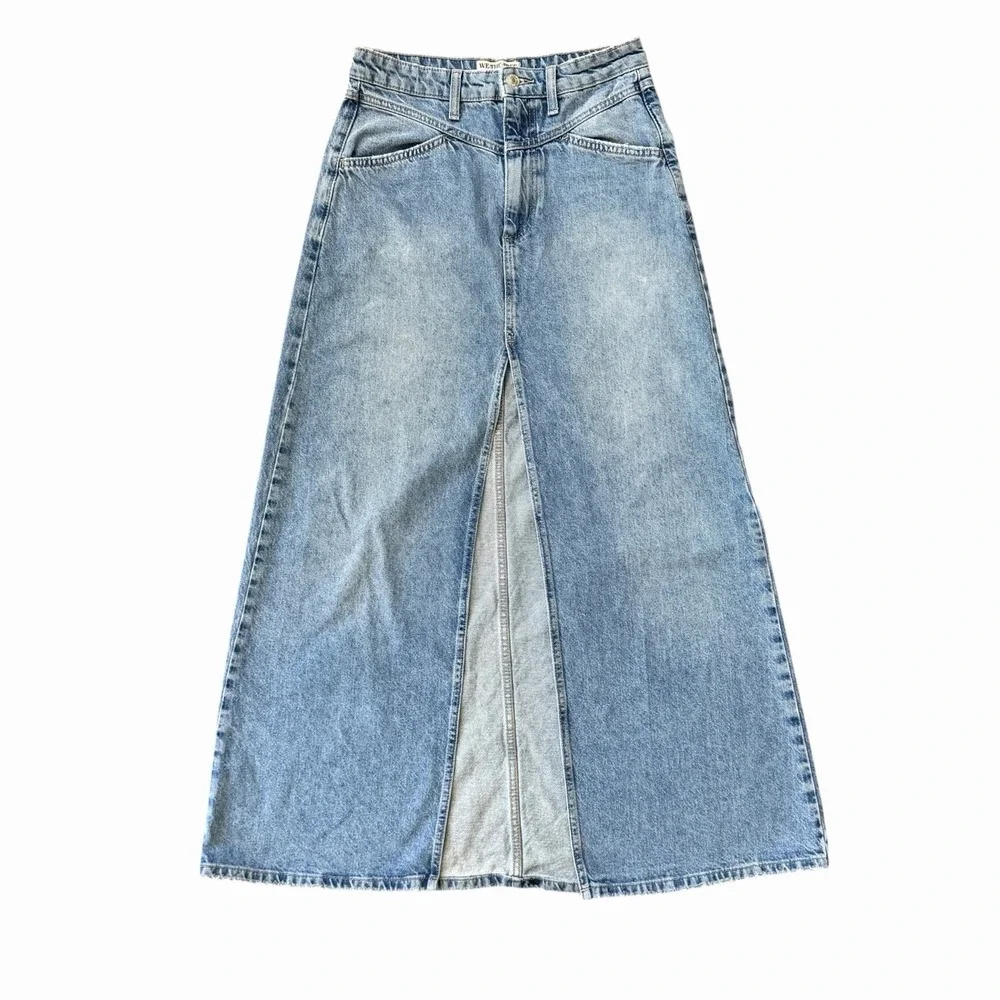 We The Free Come As You Are Denim Maxi Skirt Sz 0 Slit Coastal Cowgirl Country